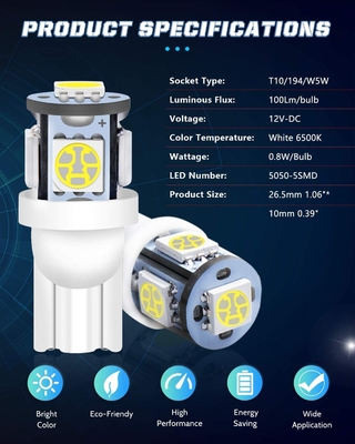 194 Bóng đèn LED ô tô 6500K Wedge T10 SMD 5050 Chip