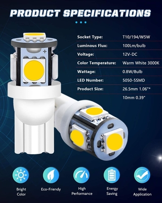 194 Bóng đèn LED ô tô 6500K Wedge T10 SMD 5050 Chip