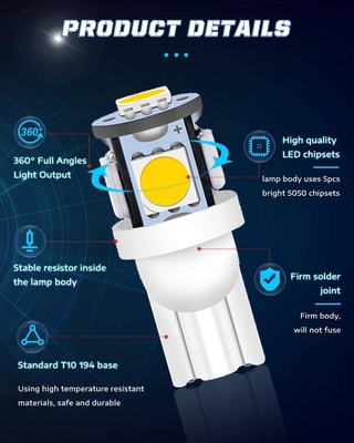 194 Bóng đèn LED ô tô 6500K Wedge T10 SMD 5050 Chip